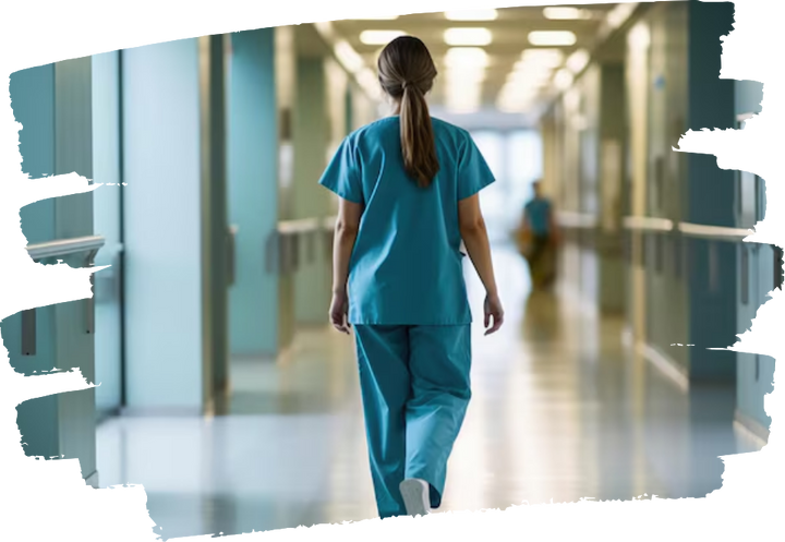 Profesional de la salud en pasillo de hospital